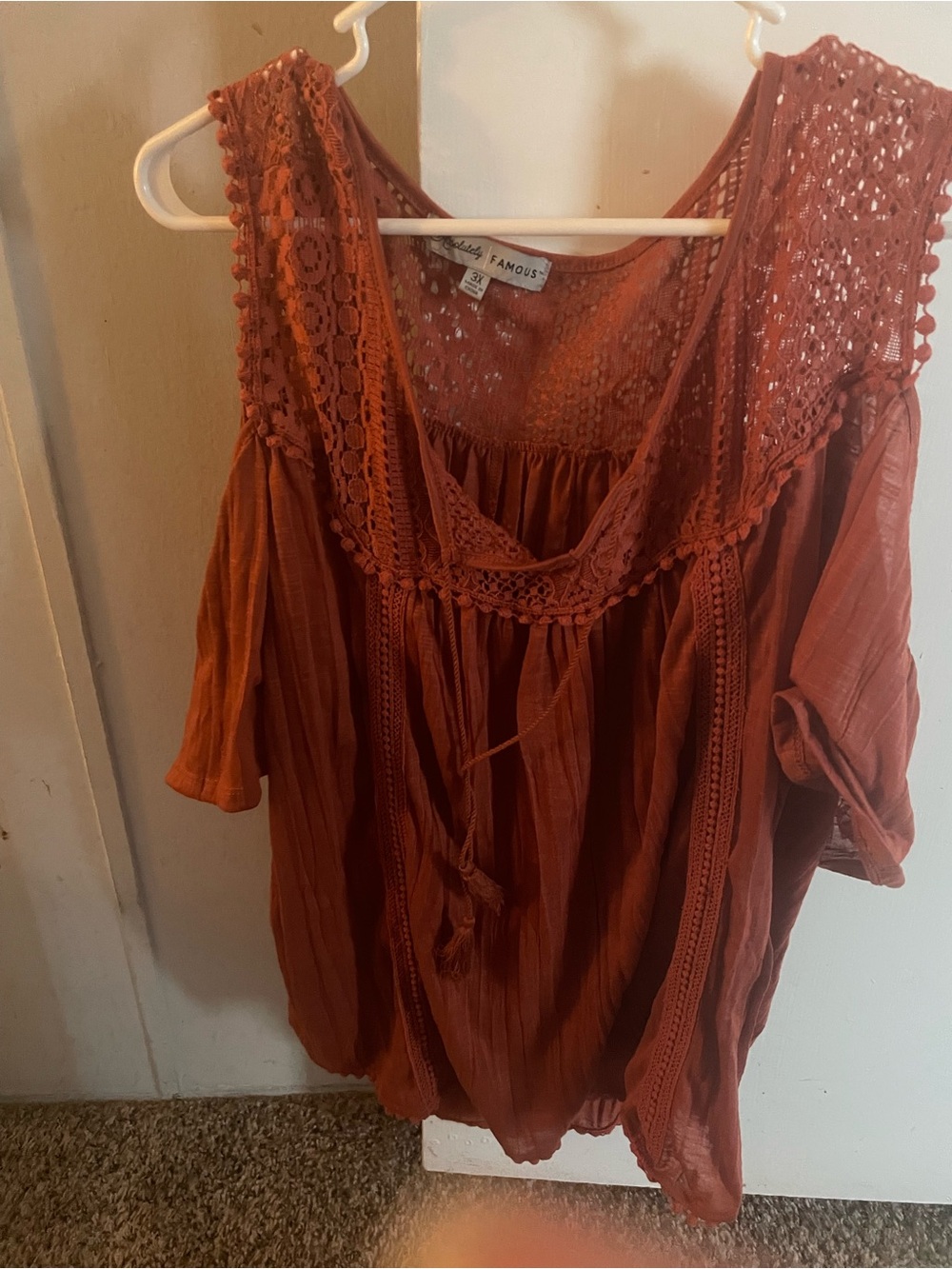 Absolutely Famous Rust Crochet-Detail Cold Shoulder Peasant Top